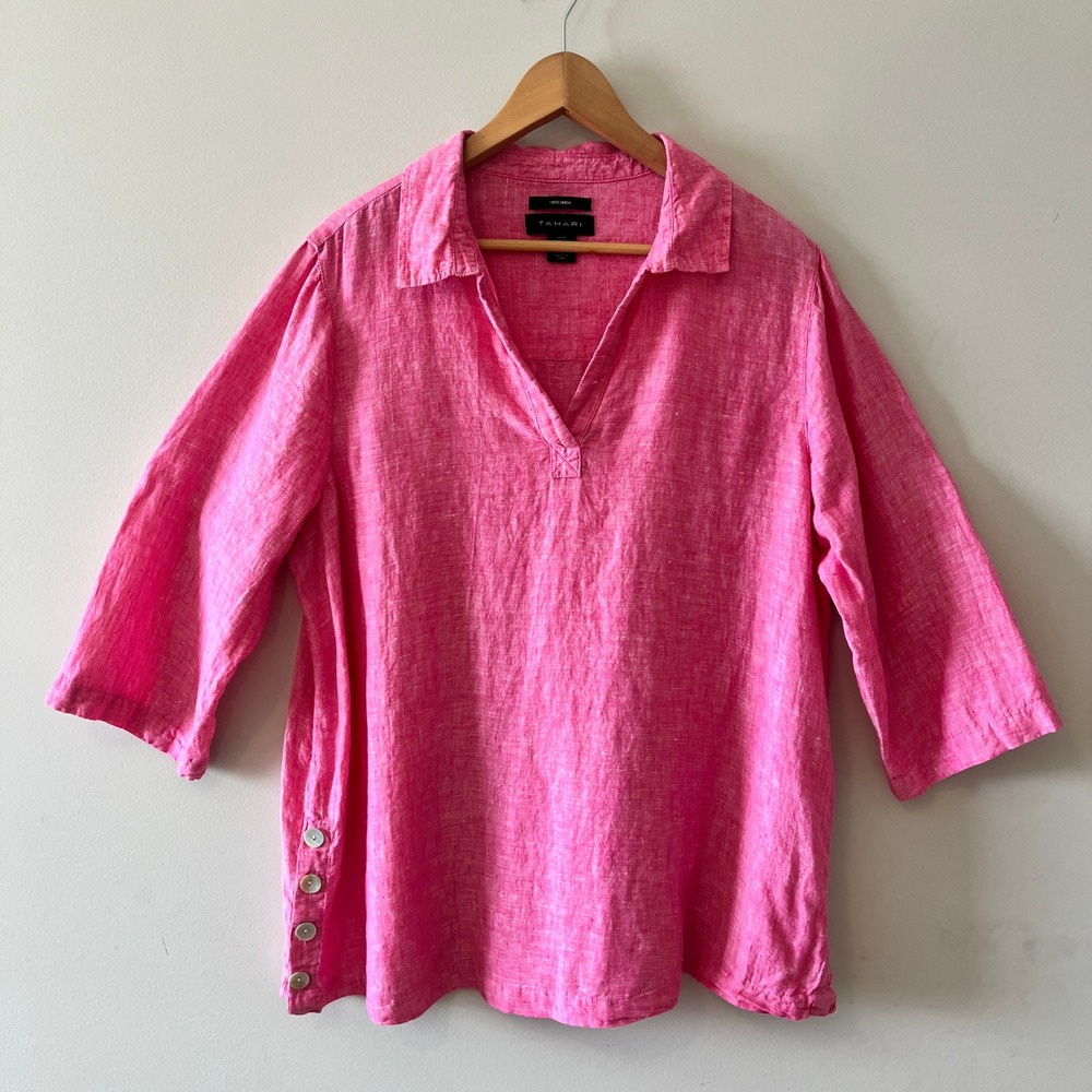Tahari Linen V-Neck Tunic Top Coastal Pink 1X Button Side Detail